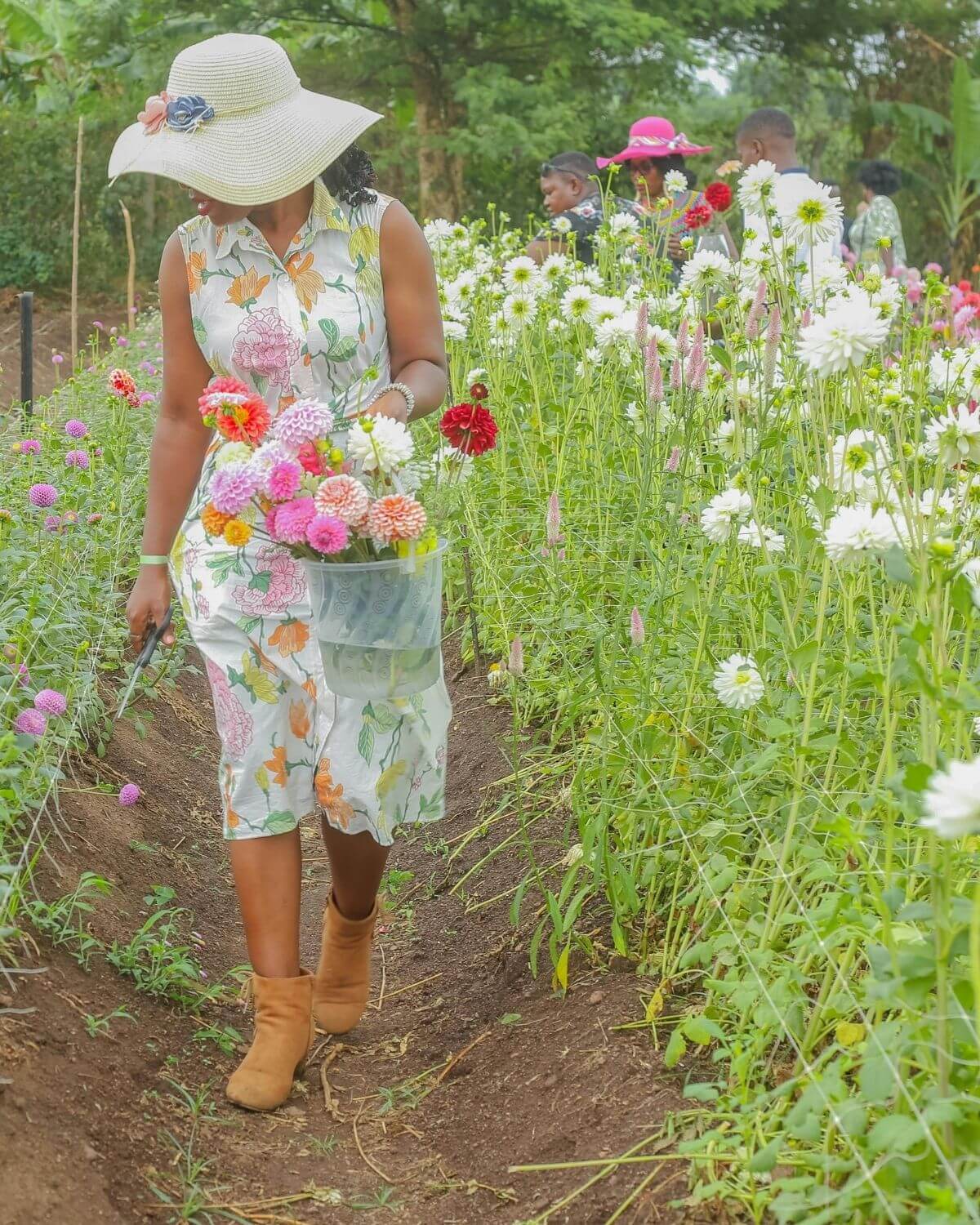 A lady with a clear bucket, picking flowers